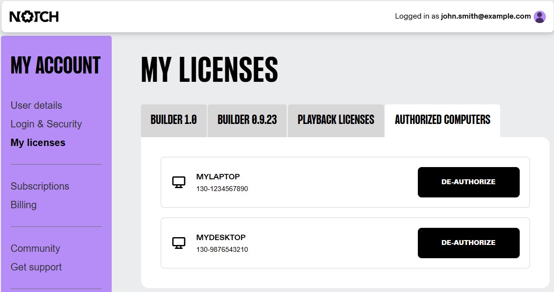 My Licenses view in Account