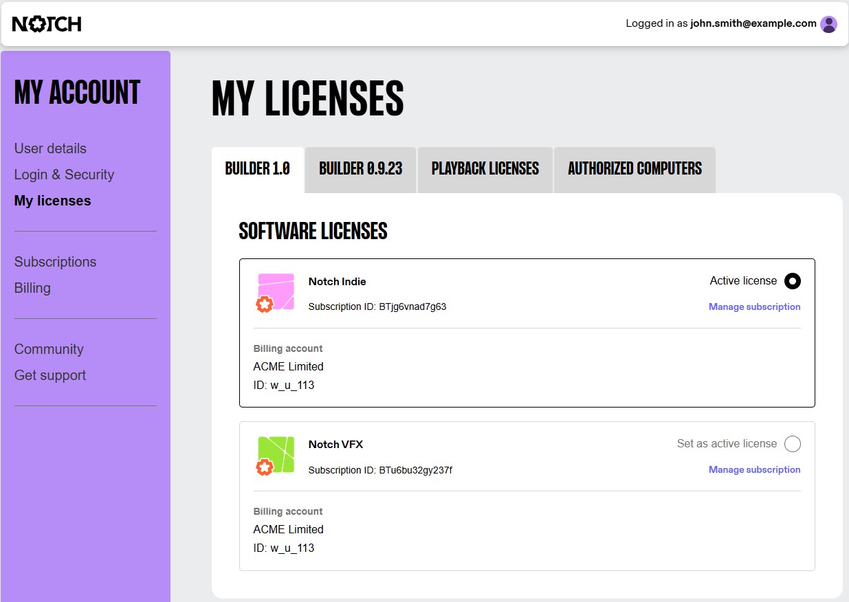 My Licenses view in Account